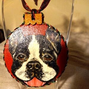 Handmade, &handpainted boston terrier on wood Xmas ornament with hanging ribbon.